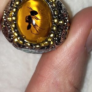 Amber and Silver Ant Vintage-Inspired Ring